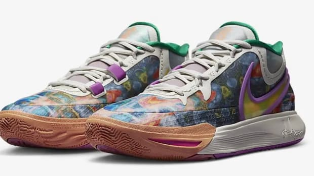 Multi-color Nike Kyrie shoes.